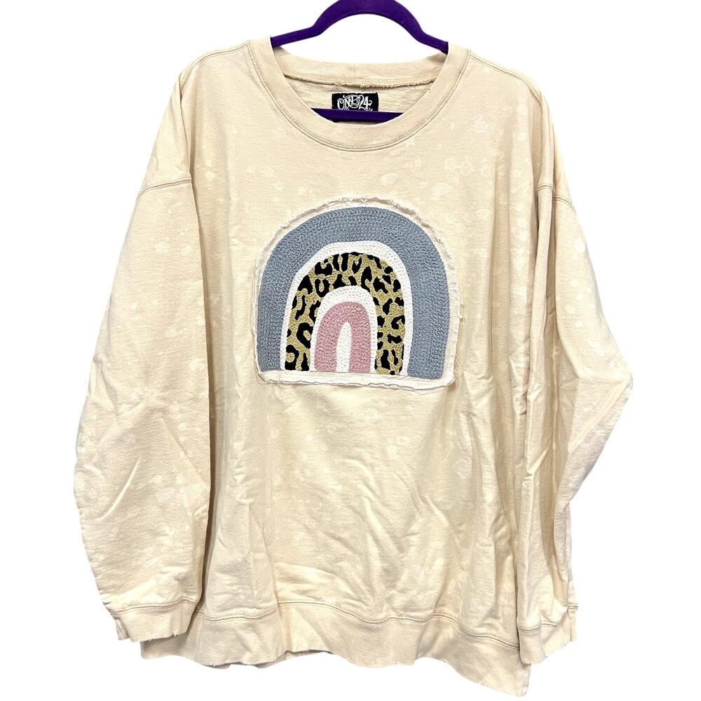 One24 Rags Rainbow Patch Ivory Distressed Sweatshirt Size 2XL